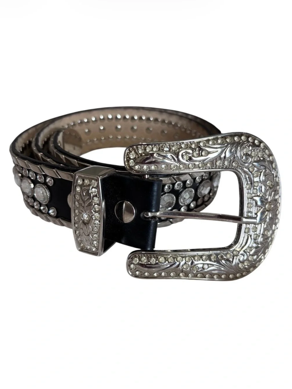 Unbranded Genuine Leather Western Rhinestone Studded Belt Black Silver Size 34 L
